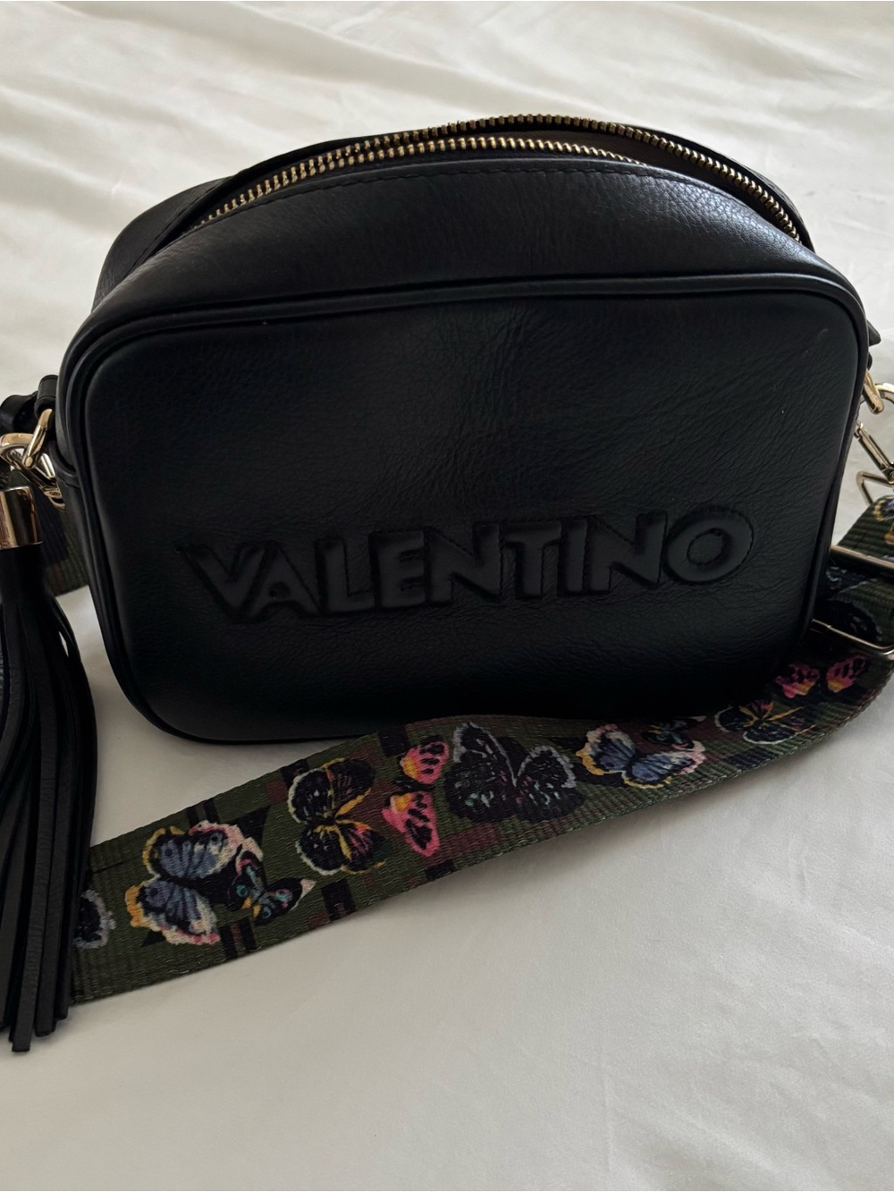Valentino Black Leather Crossbody with Floral Butterfly Strap